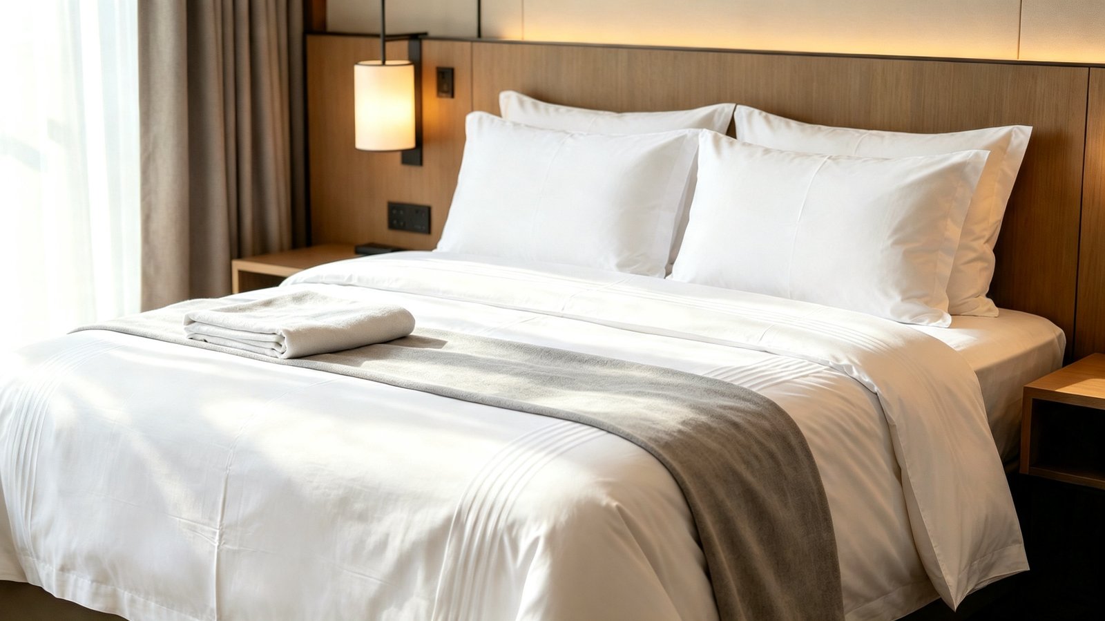 Made hotel-room bed with white bedding, layered pillows, a gray runner, and folded towels.
